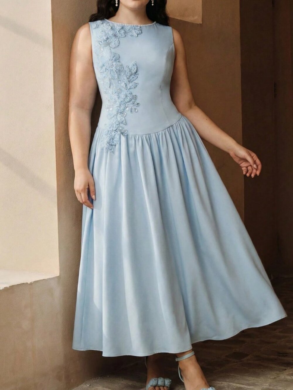 Blue Elegant Women's Plus Size Pearl Floral Pleated A-Line Maxi Dress
